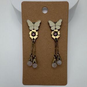 Pilgrim Gold Plated Butterfly Flower Pink Crystal Dangle Earrings Post Signed